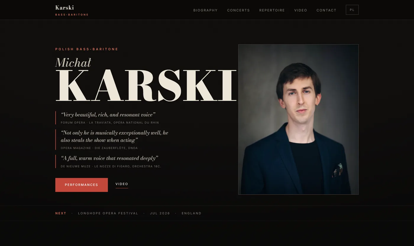 Strona internetowa śpiewaka operowego Michała Karskiego, michalkarski.com, realizacja Lokal360, widok na komputerze